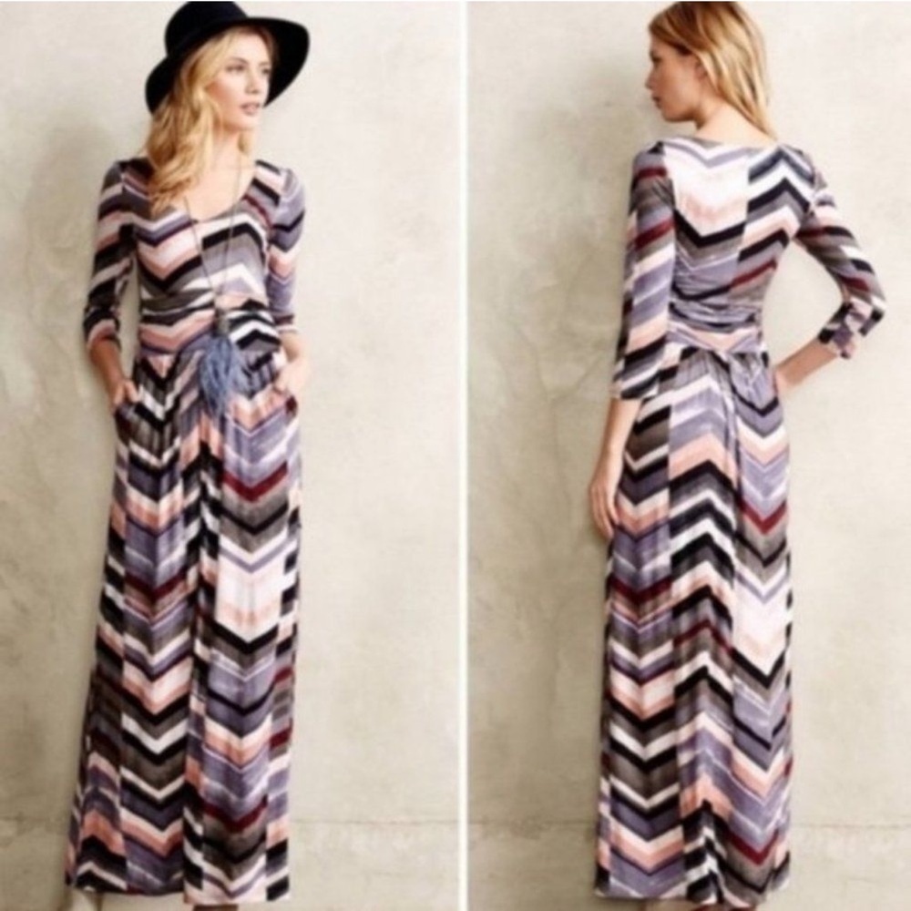 Anthropologie Maeve Novela Womens Chevron Striped Knit Stretch Maxi Dress Sz XS